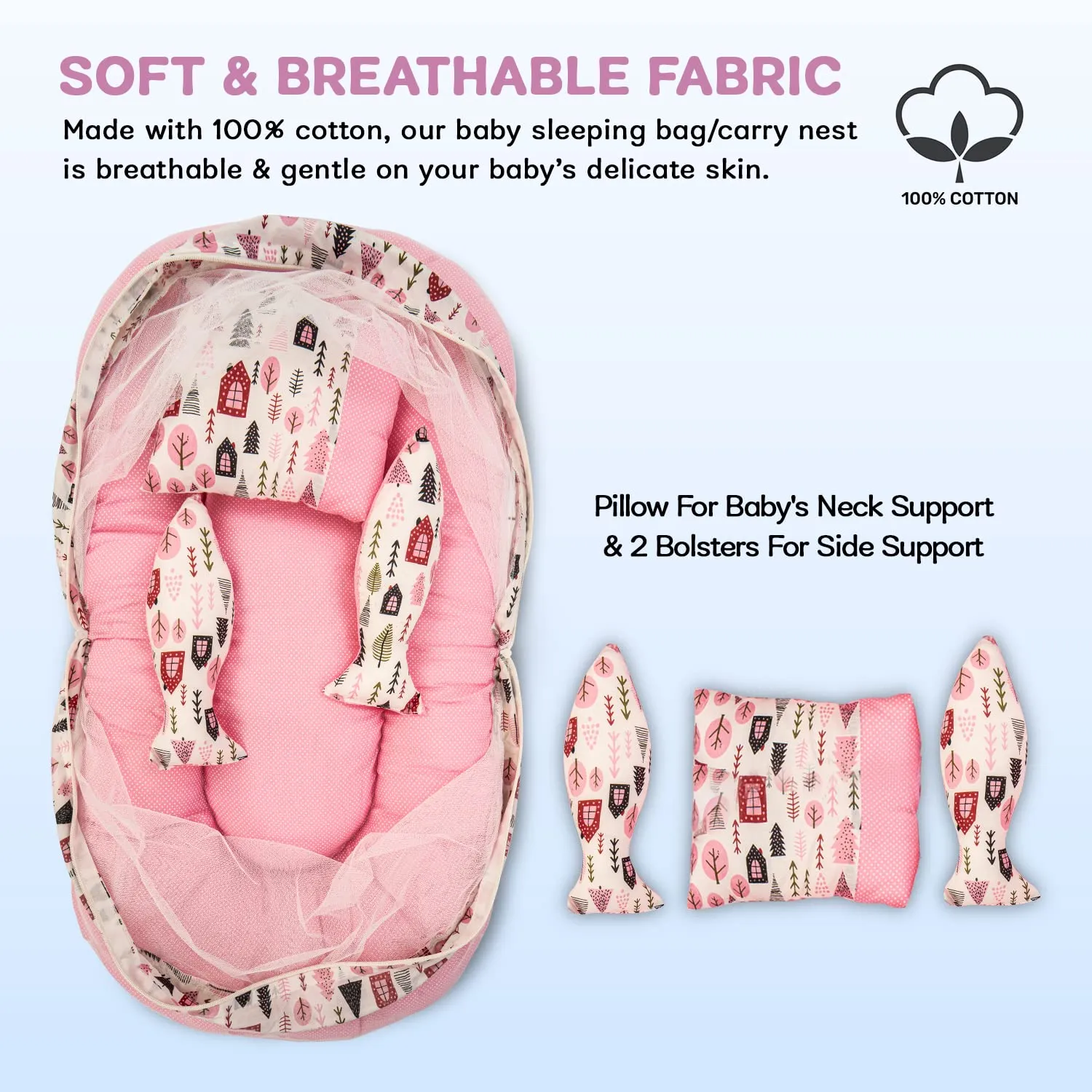 Baybee Baby Bedding Set for New Born Baby, Bed Mattress with Mosquito Net, Zip, Neck Pillow & 2 Bolsters