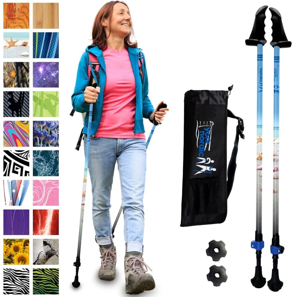 Beach & Street Walking Poles - Shells & Beach Design - Choice of Grips - 2 poles, Tips & Bag - For Heights up to 6’2”