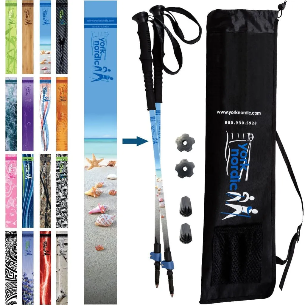 Beach & Street Walking Poles - Shells & Beach Design - Choice of Grips - 2 poles, Tips & Bag - For Heights up to 6’2”