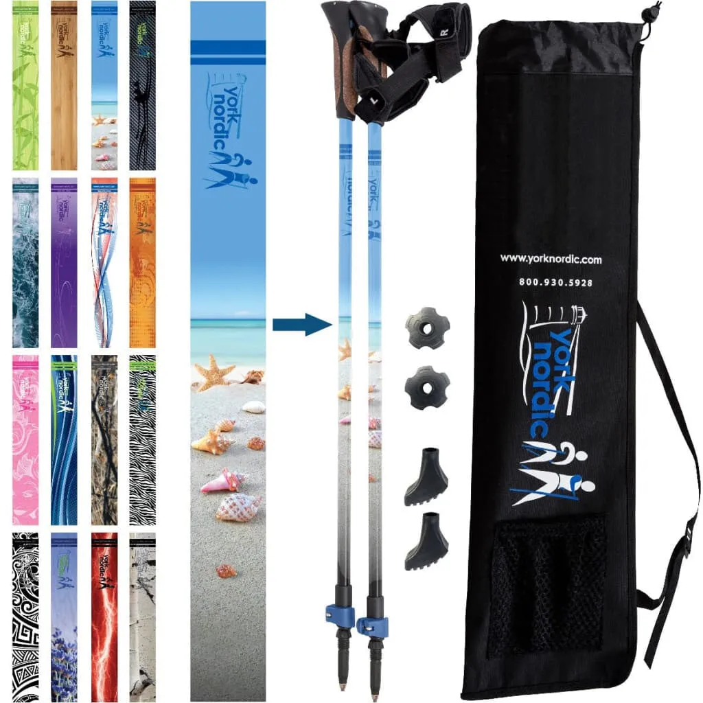 Beach & Street Walking Poles - Shells & Beach Design - Choice of Grips - 2 poles, Tips & Bag - For Heights up to 6’2”