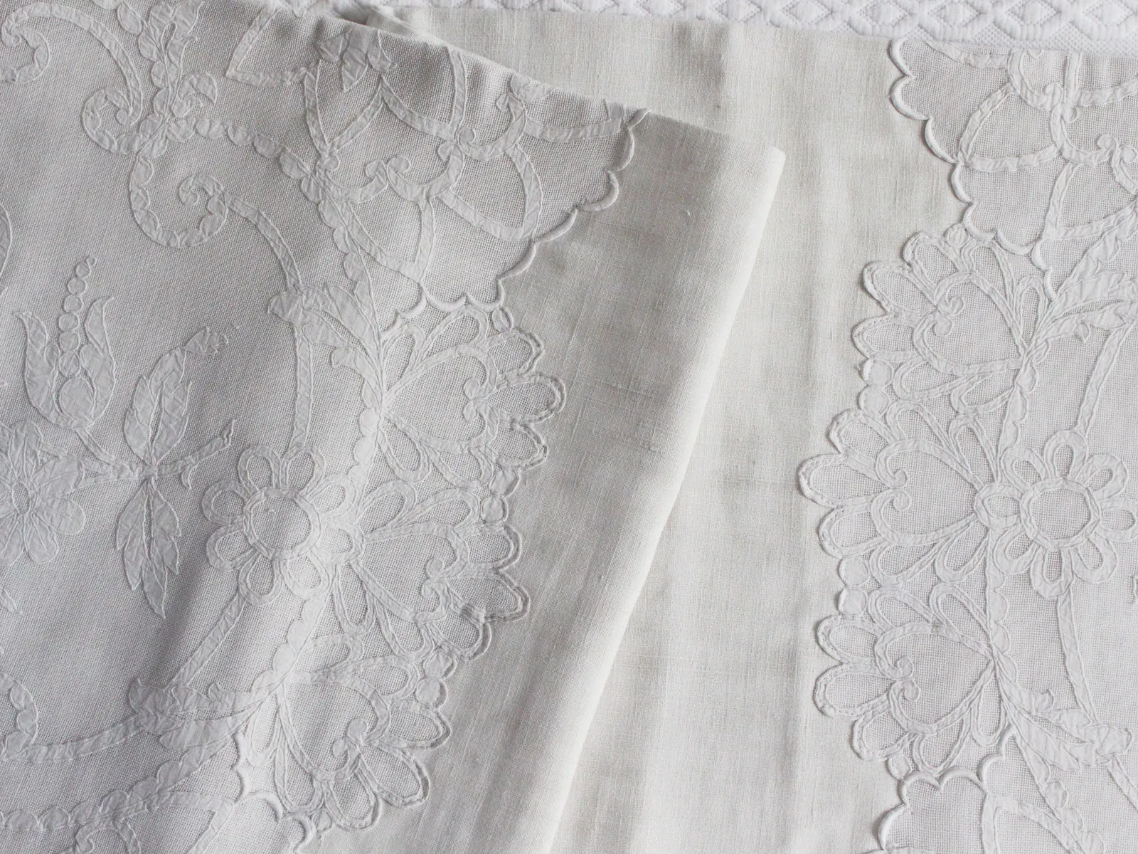 Bolsters - Antique French White on White Embroidery on Linen Bolster P345