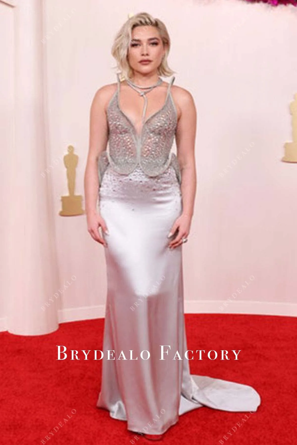 Florence Pugh 2024 Oscars Crystal Silver Long Dress