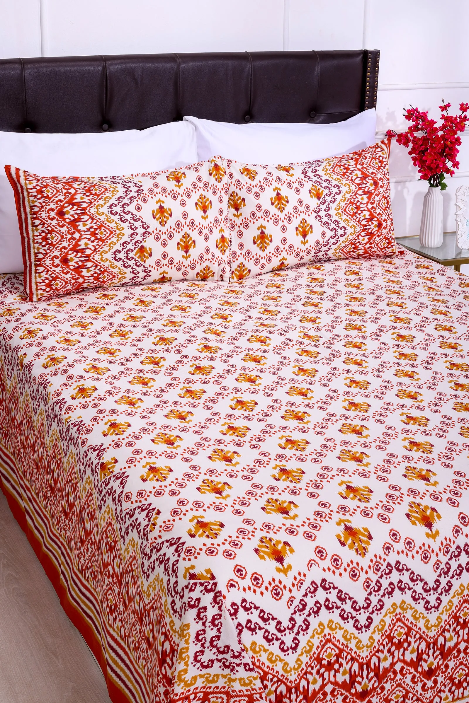 Ikkat Jakson Orange Cotton Bedsheet