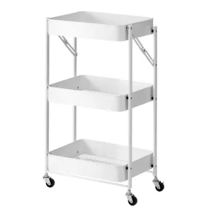 SOGA 3 Tier Steel White Foldable Kitchen Cart Multi-Functional Shelves Portable Storage Organizer with Wheels