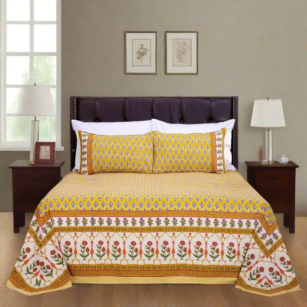 Vandevi Bootah Jaal Yellow Cotton Bedsheet